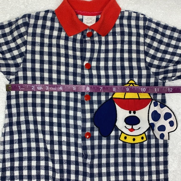 Vintage 90’s navy white checked dog romper polo style red collar and cuffs 6/9 - Picture 3 of 6